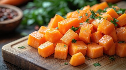 Poster - Chopped carrots arranged on a wooden cutting board with herbs and fresh ingredients in the background