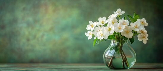 Aufkleber - White spring flower bouquet in a glass vase on green background with ample copy space for text or design elements.