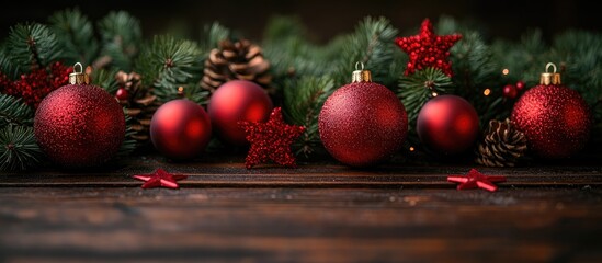 Poster - Festive Christmas arrangement with red ornaments and stars on pine branches against a dark wooden background creating a warm holiday atmosphere