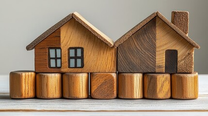 Poster - Wooden block house models arranged on a white background showcasing creativity and craftsmanship in home decor and design themes