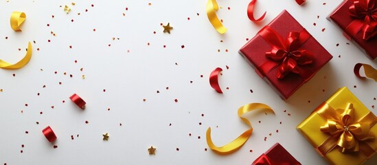Poster - Colorful Christmas gift boxes with red and yellow ribbons on a white background decorated with confetti and festive embellishments