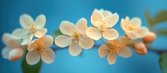 Aufkleber - Cherry blossoms with soft petals against a bright blue background providing ample space for text or design elements