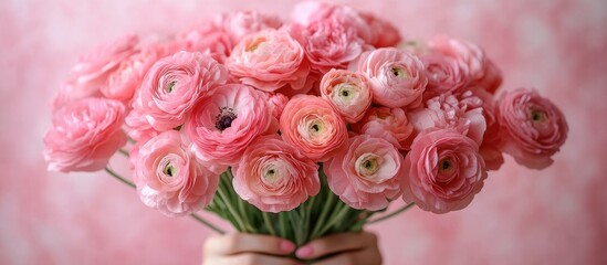 Aufkleber - Spring bouquet of pastel pink Ranunculus flowers in glass vase against soft pink backdrop top view elegant floral arrangement