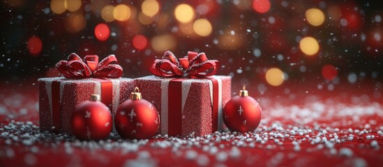 Poster - Festive Christmas gift boxes with ornaments on a vibrant red background adorned with sparkling snow and soft glowing lights