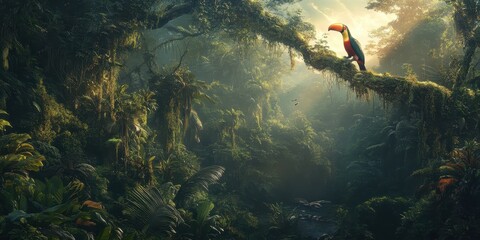 Poster - A vibrant rainforest scene with lush foliage, streams of light filtering through trees, and a figure exploring the greenery.
