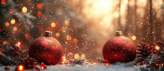 Aufkleber - Festive red and gold Christmas balls nestled among pinecones with a blurred winter forest backdrop and gentle snowfall ambiance