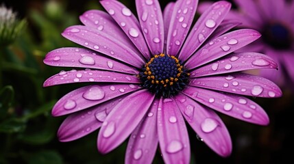 Wall Mural - close up of a vibrant purple daisy flower adorned with raindrops highlighting its intricate petal de