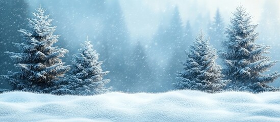 Aufkleber - Snowy winter landscape with evergreen trees and gentle snowfall creating a magical holiday atmosphere with ample copy space for text.