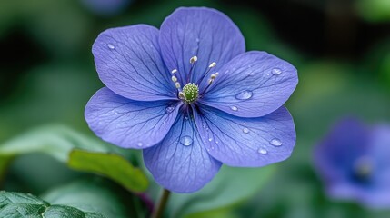 Poster - Close up of a vibrant purple flower with water droplets showcasing its delicate petals and lush green foliage in a natural setting
