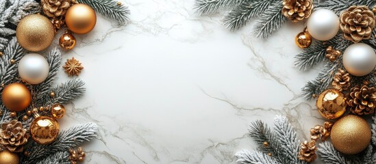 Poster - Elegant gold and white festive decoration frame on a marble background with empty space for seasonal greetings or text overlay.