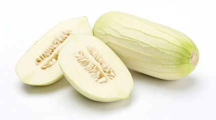 Aufkleber - Bitter white melon freshly sliced on a clean white background showcasing its unique texture and seed-filled interior