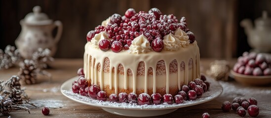 Poster - Festive gingerbread cake topped with cranberry and cream, adorned with muslin for a cozy holiday dessert presentation.