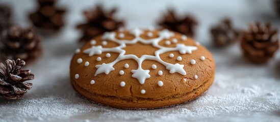 Poster - Gingerbread cookie decorated with white icing surrounded by pine cones on a snowy white background for festive holiday themes.