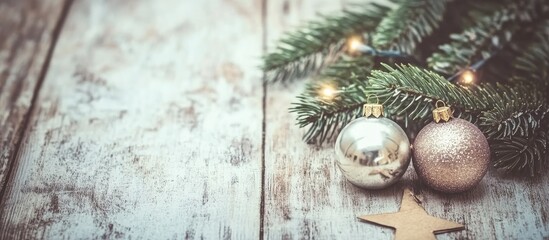 Poster - Vintage Christmas Card Layout with Copy Space Surrounded by Decorations on Rustic Wooden Background Ideal for Seasonal Greetings