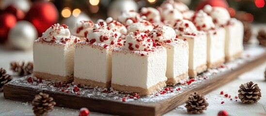 Poster - Festive Christmas cake with marshmallows and red accents on a wooden platter surrounded by pine cones and holiday decorations