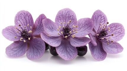 Poster - Purple blackberry flowers arranged elegantly against a pristine white background showcasing their delicate petals and fine details.