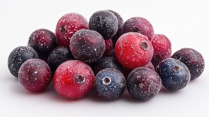Poster - Frozen Yaupon berries in vibrant colors showcasing the start of frost with intricate details of freezing precipitation on a white background
