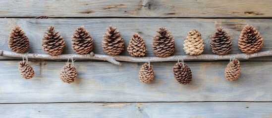 Aufkleber - Decorative pinecones hanging on a rustic wooden branch with a weathered backdrop for a cozy holiday atmosphere