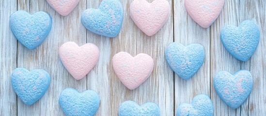 Aufkleber - Colorful hearts in blue and pink arranged on a rustic wooden surface creating a charming and romantic backdrop for seasonal themes.