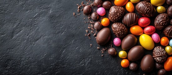 Aufkleber - Colorful Easter chocolate eggs and candy assorted on dark concrete background with ample copy space for holiday greeting or promotion