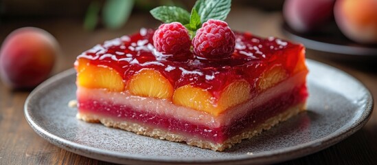 Poster - Chilled red jelly pie with layers of peach and nectarine garnished with raspberries and mint on a rustic wooden table.