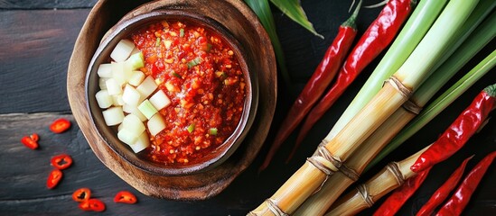 Aufkleber - Chili Paste with Chopped Ingredients Surrounded by Fresh Bamboo and Red Chilies on a Rustic Wooden Table