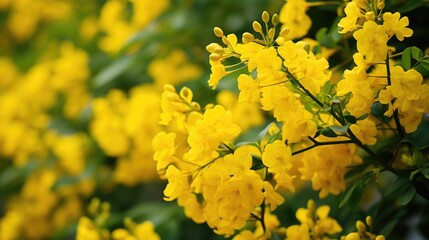 Poster - Vibrant yellow flower clusters with soft green foliage creating a blurred background in a natural setting