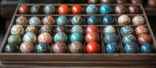 Poster - Wooden box filled with colorful decorative beads and balls arranged neatly in a grid pattern showcasing intricate designs and textures.