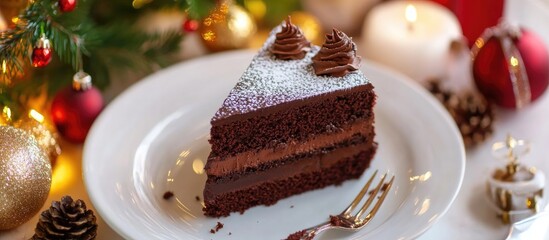 Poster - Festive chocolate cake slice decorated for Christmas celebration with festive ornaments and candles in background