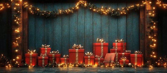 Poster - Christmas gifts beautifully arranged with festive garlands and warm lights on a rustic wooden backdrop perfect for holiday celebrations.