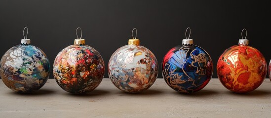 Poster - Colorful Christmas baubles with artistic designs displayed on a rustic surface for festive holiday decoration inspiration.