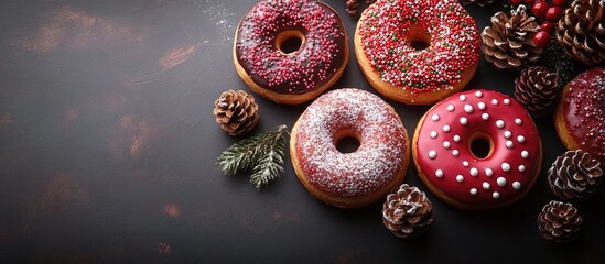 Poster - Festive Christmas donuts decorated with sprinkles and icing displayed on a rustic table surrounded by pinecones and greenery.