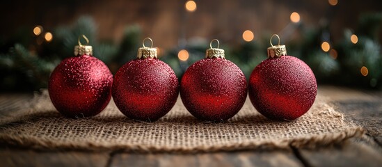 Aufkleber - Red Christmas ornaments arranged on jute thread against a rustic wooden background with blurred festive lights for a seasonal celebration.