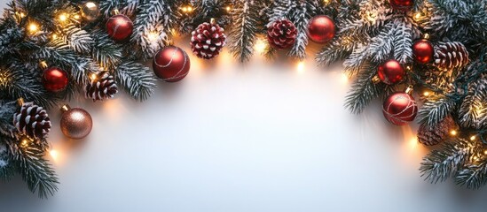 Poster - Festive Christmas backdrop with glowing lights and ornaments on a snowy white surface creating a warm holiday atmosphere