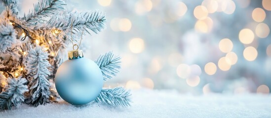 Poster - Pale blue Christmas lights and ornaments create a dreamy defocused bokeh background for festive holiday mood and seasonal decoration themes
