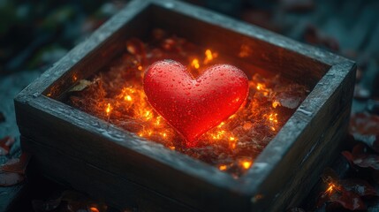 Poster - Heart in a Wooden Box Surrounded by Warm Lights and Raindrops on a Dark Background Symbolizing Love and Emotion