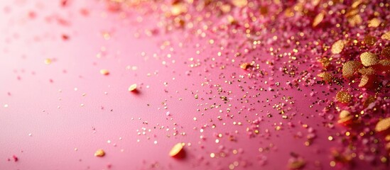 Poster - Golden confetti scattered on a vibrant pink backdrop creating a festive and joyful atmosphere for celebratory events or occasions