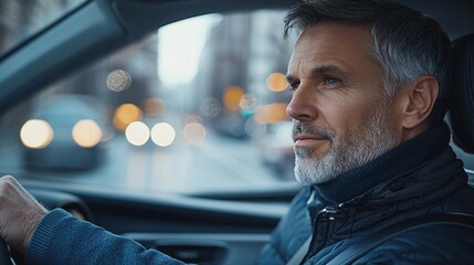 Poster - A senior successfully completing a highway driving exercise with a smile of achievement Stock Photo with side copy space