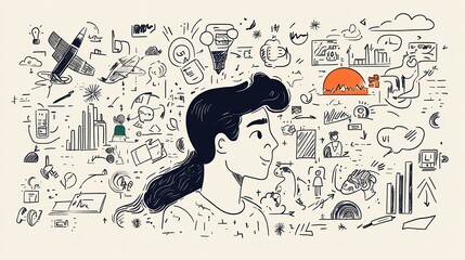 Poster - A creative illustration featuring a person with long hair, surrounded by various doodles and icons representing ideas, nature, and technology.