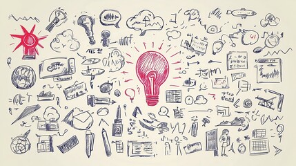 Poster - A vibrant illustration of various creative concepts, featuring a prominent light bulb, sketches of ideas, tools, and symbols related to innovation.