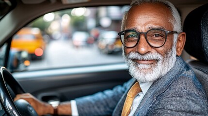 Poster - An elderly driver receiving positive feedback from their instructor after completing a lesson Stock Photo with side copy space