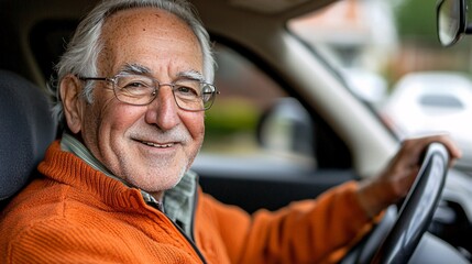 Aufkleber - A senior learning to use rearview and side mirrors effectively during a hands-on driving class Stock Photo with side copy space