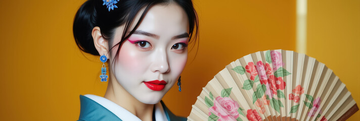 A woman in traditional Japanese attire with a fan