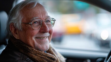 Poster - An elderly student receiving instructions on using adaptive driving equipment in a modern vehicle Stock Photo with side copy space