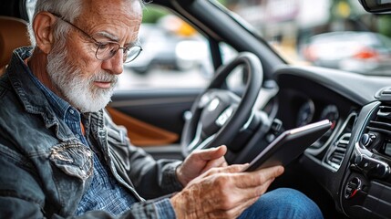Poster - An elderly student receiving instructions on using adaptive driving equipment in a modern vehicle Stock Photo with side copy space