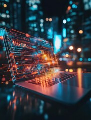 Poster - Close up of laptop with glowing 5G interface on blurry desktop background. Speed and internet concept. Double exposure.
