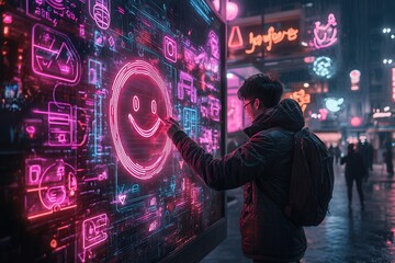 Poster - A person interacts with a glowing digital screen displaying a smiley face amidst vibrant neon lights in a city setting.