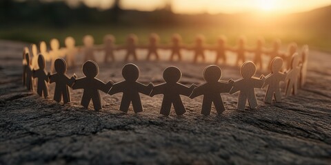 Poster - A circle of paper figures holding hands in a serene sunset setting symbolizes unity and togetherness.