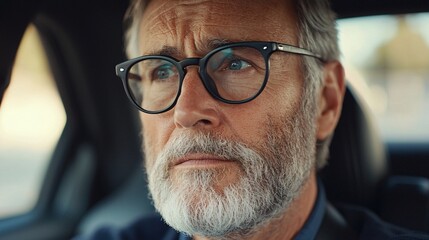 Poster - An elderly driver learning traffic rule updates during a driving school session Stock Photo with side copy space