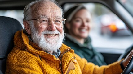 Poster - An elderly person learning the importance of proper signaling during a driving lesson Stock Photo with side copy space